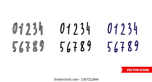 Numbers written by hand icon of 3 types: color, black and white, outline. Isolated vector sign symbol.