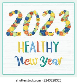 The numbers in the year 2023 are lined with bright colorful fruits and berries. Healthy New Year lettering. Pineapple, strawberry, lime, pear, cherry, watermelon, plum, peach, grape, kiwi, blueberry.