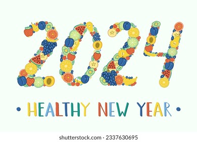 The numbers in the year 2024 are lined with bright colorful fruits and berries. Healthy New Year greeting card. Pineapple, strawberry, lime, pear, cherry, watermelon, plum, peach, grape, kiwi