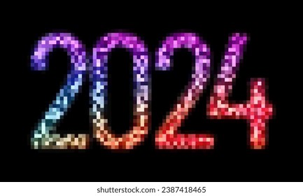 Números del año 2024 en estilo de píxeles retro, impresión de píxeles vectoriales, gradiente de píxeles para el nuevo año 2024, estilo nostálgico de los ochenta y noventa, dígitos de arte de píxeles brillantes para el afiche de año nuevo