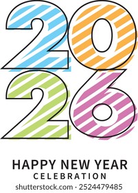 numbers for the year 2026 happy new year celebration with diagonal of cyan pink green and purple color, 2026 vector illustration, isolated on white background.