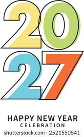 Numbers for the year 2027 happy new year celebration, yellow green and orange color, 2027 vector illustration, isolated on white background.