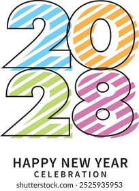 numbers for the year 2028 happy new year celebration with diagonal of cyan orange green and purple color, 2028 vector illustration, isolated on white background.