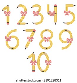 Numbers from yellow simple pencils, vector illustration isolated on a white background