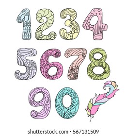 Numbers. Zen art.  Alphabet. Zentangle. Hand drawn numbers with feather on isolation background. Design for spiritual relaxation for adults. Line art creation. Colored set