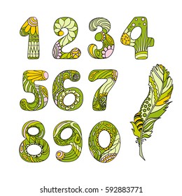 Numbers. Zen art.  Alphabet. Zentangle. Hand drawn numbers with feather on isolation background. Graphic design. Line art creation. Colored set