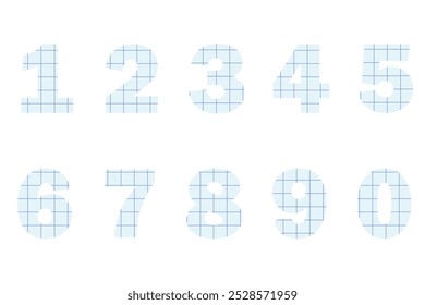 Numbers from zero to nine cut out of square line blue paper. Vector graphic elements for unique design isolated on white background.