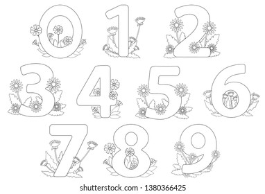 Numbers Zero Nine Flowers Leaves Butterfly Stock Vector (Royalty Free ...