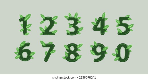 Numbers from zero to nine green with plant leaves. Sustainability and for plant lovers flat design filled and dotted version
