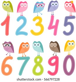 numbers from zero to nine with owls