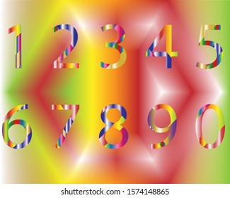 Numbers zero to nine vector artwork in patterned multi color gradients.