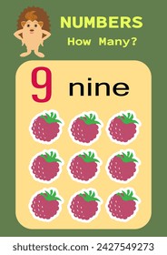 Numbers.Digital card with the image of fruits. Counting game for children. Mathematics worksheet for preschoolers.