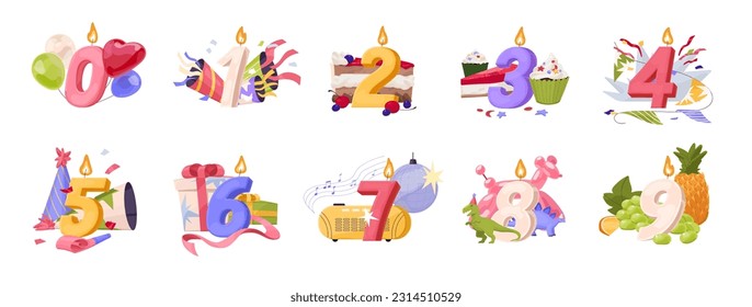 Number-shaped birthday candles set for 0, 1, 2, 3, 4, 5, 6, 7, 8, 9 anniversaries, age, years. Candlelights with cake, gifts composition. Flat graphic vector illustrations isolated on white background