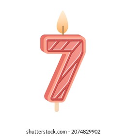 Number-shaped Candle For Age Of 7 Birthday. Wax Decoration For 7th Year Anniversary. Bday Cake Decor With Glowing Flame. Burning Candlelight. Flat Vector Illustration Isolated On White Background