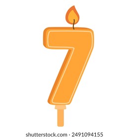 Number-shaped candle for age of 7 birthday. Wax decoration for 7th year anniversary. Bday cake decor with glowing flame. Burning candlelight. Flat vector illustration isolated on white background