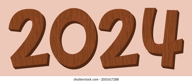 ํWooden numbers.Wooden texture. Vector work. Merry Christmas and Happy New Year 2024 decorations.