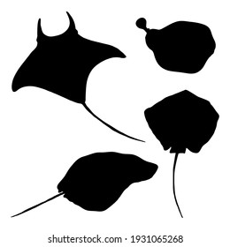 Numb-fishes Black Silhouette Set. Vector Collection of Stingray Illustrations