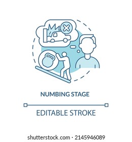 Numbing Stage Turquoise Concept Icon. Patient Emotional State. PTSD Treatment Abstract Idea Thin Line Illustration. Isolated Outline Drawing. Editable Stroke. Arial, Myriad Pro-Bold Fonts Used