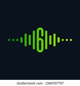 Numbr 6 with Pulse music player element. Logo template electronic music, equalizer, store, dj, nightclub, disco. Audio wave logo concept, Multimedia Technology themed, Abstract Shape. - vector