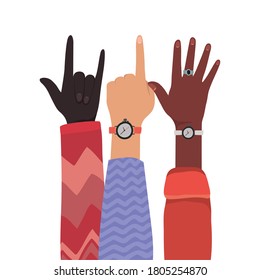 numer one rock sign and open hands up of different types of skins design, diversity people multiethnic race and community theme Vector illustration