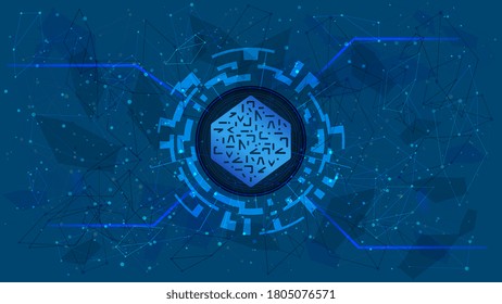 Numeraire NMR token symbol of the DeFi project in a digital circle with a cryptocurrency theme on a blue background. Cryptocurrency icon. Decentralized finance programs. Copy space. Vector EPS10.