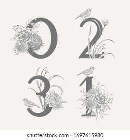 Numeral 0 1 2 3, flowers peonies, decorative herbs and birds isolated set. Vector decoration. Black and white. Vintage illustration. Floral pattern for greetings, wedding invitations, anniversary card