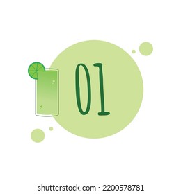 Numeral 01 with illustration of lemon juice, drops and shades of green color