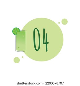 Numeral 04 with illustration of lemon juice, drops and shades of green color