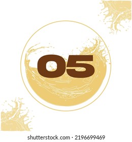 Numeral 05 with orange liquid background dripping in a circular shape in the background - juice, drink and beer