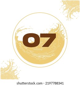 Numeral 07 with orange liquid background dripping in a circular shape in the background - juice, drink and beer