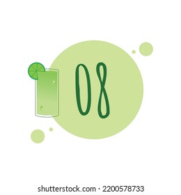 Numeral 08 with illustration of lemon juice, drops and shades of green color