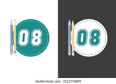 Numeral 08 University style over cyan and white round circle and pencil and pen illustration on the side and light and dark background
