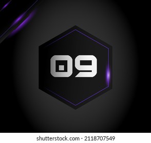 Numeral 09 in futuristic metallic black hexagon with purple ornament and sparkles on dark gradient background
