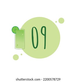 Numeral 09 with illustration of lemon juice, drops and shades of green color