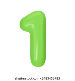 Numeral 1 - Green Plastic Balloon Number one Isolated on White Background. 3D Style Vector Illustration