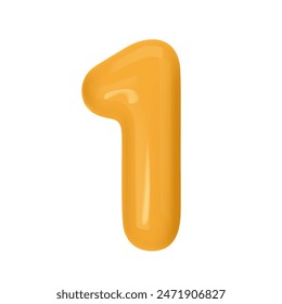 Numeral 1 - Orange Plastic Balloon Number One Isolated on White Background. 3D Style Vector Illustration