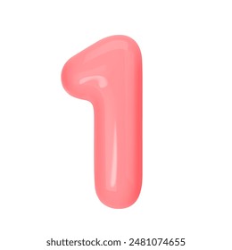 Numeral 1 - Pink Plastic Balloon Number one Isolated on White Background. 3D Style Vector Illustration