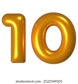 Numeral 10 - Golden plastic balloon number 10 isolated on white background. 3D style vector illustration.