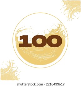 Numeral 100 with orange liquid background dripping in a circular shape in the background - juice, drink and beer