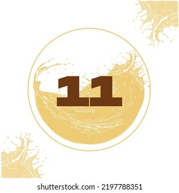 Numeral 11 with orange liquid background dripping in a circular shape in the background - juice, drink and beer