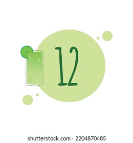 Numeral 12 with illustration of lemon juice, drops and shades of green color
