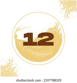 Numeral 12 with orange liquid background dripping in a circular shape in the background - juice, drink and beer