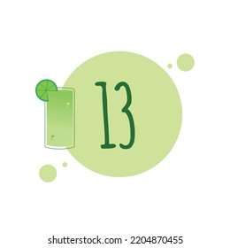 Numeral 13 with illustration of lemon juice, drops and shades of green color