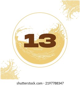 Numeral 13 with orange liquid background dripping in a circular shape in the background - juice, drink and beer