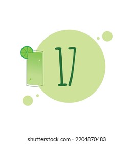 Numeral 17 with illustration of lemon juice, drops and shades of green color