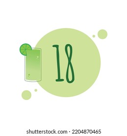 Numeral 18 with illustration of lemon juice, drops and shades of green color