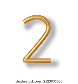 Numeral 2 - Golden Plastic Balloon Number two Isolated on White Background. 3D Style Vector Illustration