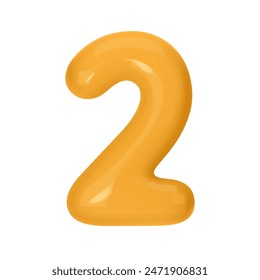 Numeral 2 - Orange Plastic Balloon Number Two Isolated on White Background. 3D Style Vector Illustration