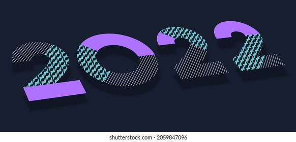 Numeral 2022 with trendy color striped pattern in isometric projection. Modern aesthetics of Swiss design 2022 calendar cover. Minimalistic, simple layout. Vector illustration.