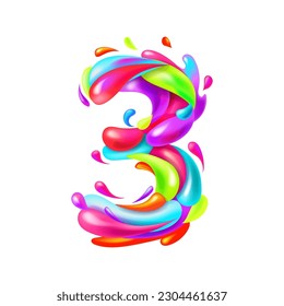 Numeral 3, colorful multi colored sign isolated on white background. Number one for birthday.